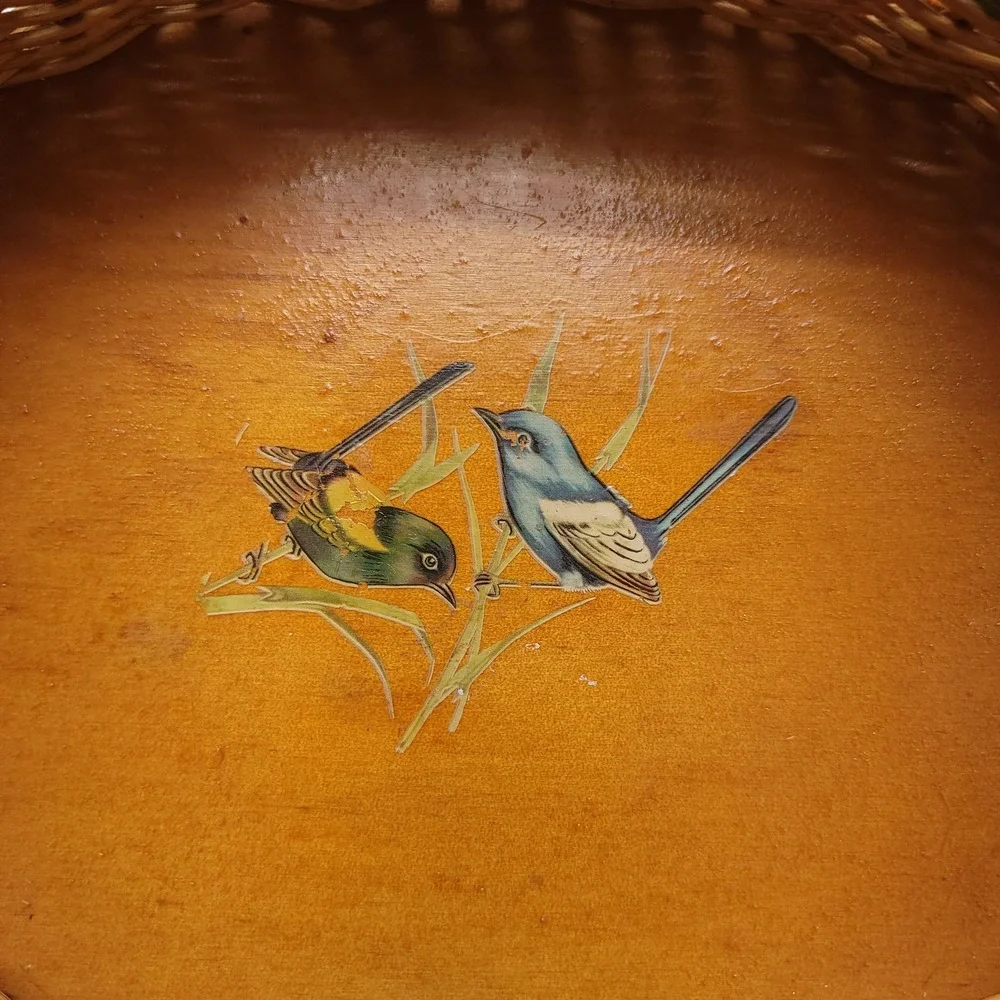 Vintage Wicker Rattan Woven Basket Tray Song Bird Boho Farmhouse MCM 10